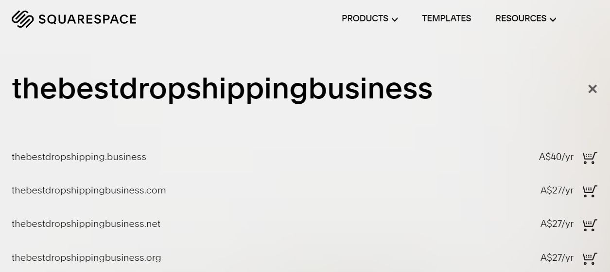 A screenshot of Squarespace's suggested domain names for the best dropshipping business, and their annual prices.