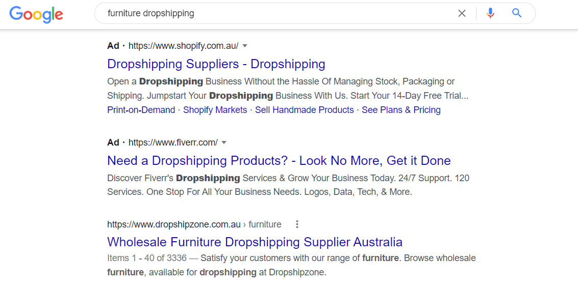A Google search for "furniture dropshipping" including the top three results.